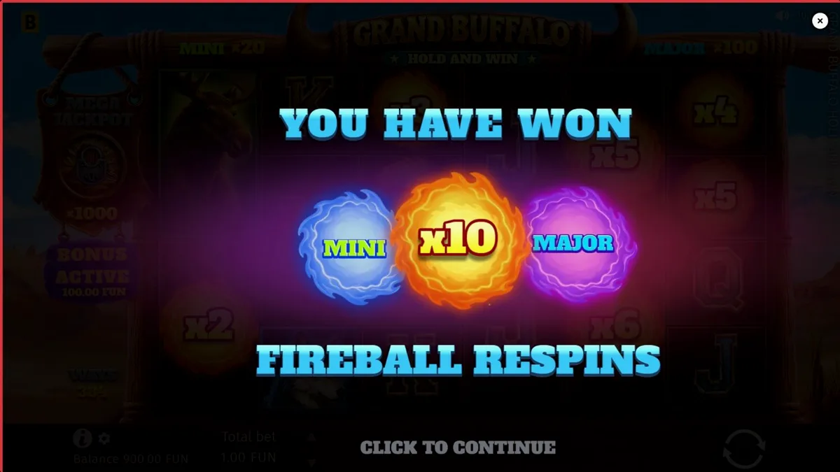 ภาพกราฟิกเกมสล็อต Grand Buffalo Hold & Win ที่มีฉากหลังเป็นทุ่งหญ้าและควายไบซัน