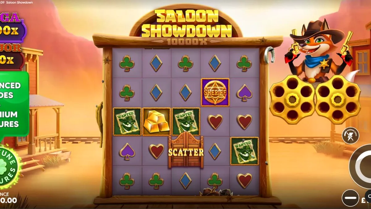 หน้าจอเกมสล็อต Saloon Showdown 10,000x พร้อมตัวละครนายอำเภอจิ้งจอก