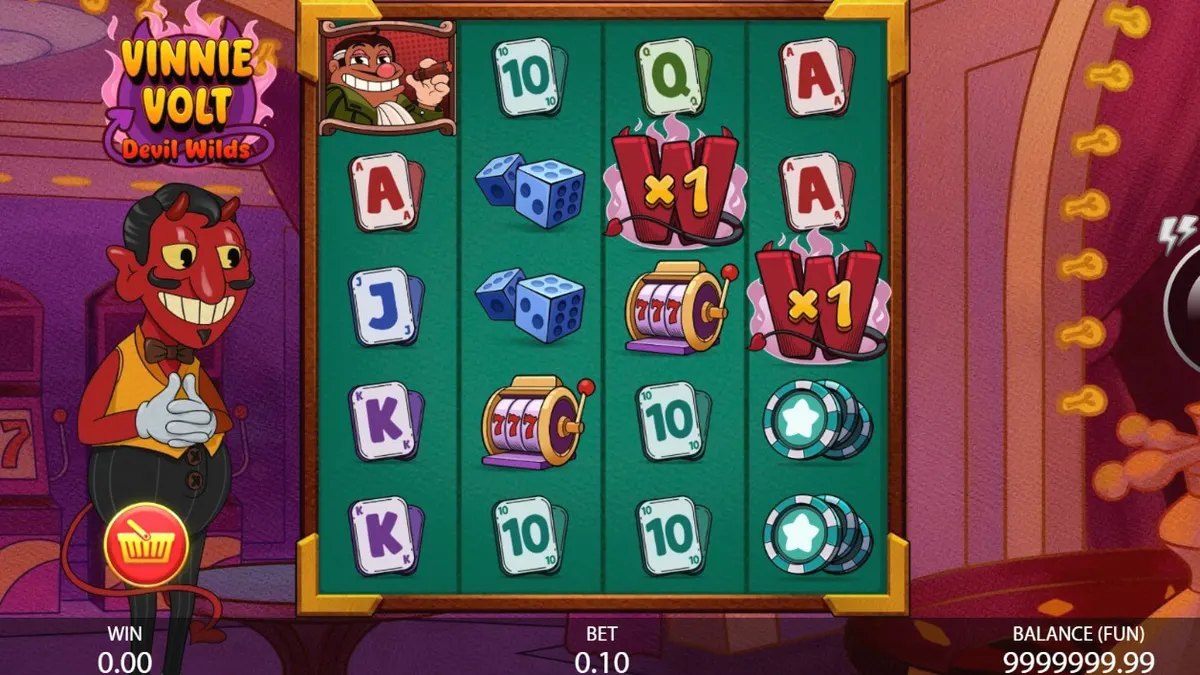 Vinnie Volt: Devil Wilds slot visual style featuring a cartoon devil in a lavender casino lounge