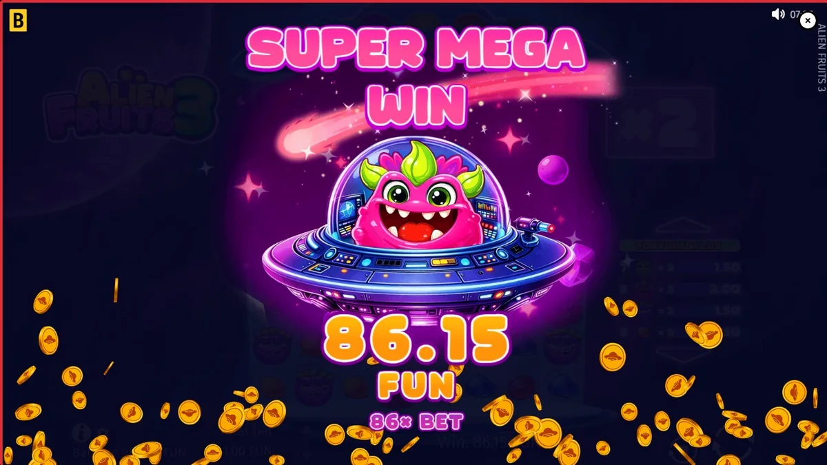 หน้าจอเกมสล็อต Alien Fruits 3 พร้อมกราฟิกเอเลี่ยนและผลไม้ในอวกาศ